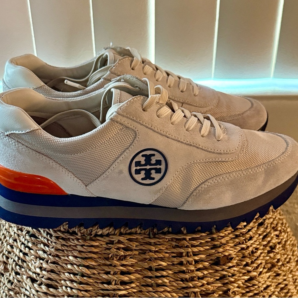 Tory Burch Women's Cream and Blue Sawtooth Sneakers Like New
